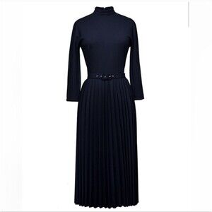 Ginger Jackie Size 40 Navy Blue Mod Turtleneck Pleated Midi Dress With Belt